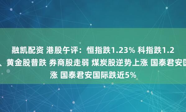 融凯配资 港股午评：恒指跌1.23% 科指跌1.21% 科网股、黄金股普跌 券商股走弱 煤炭股逆势上涨 国泰君安国际跌近5%